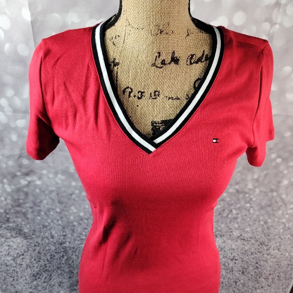 Tommy Hilfiger Red V-Neck Tee with Logo